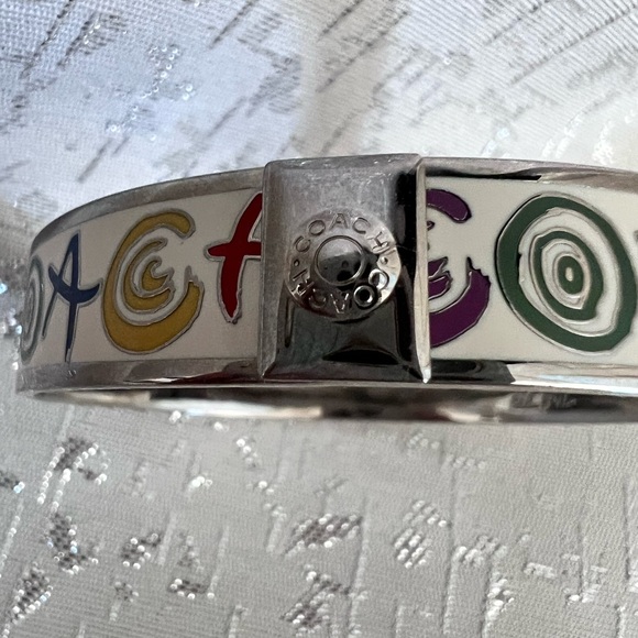 Designer Coach Silver-Tone Colorful Enamel Signature Logo Bangle Bracelet - Picture 4 of 4